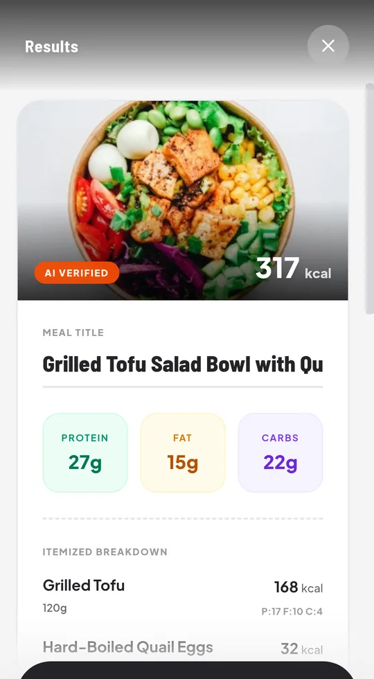 Nura app showing a photographed salad bowl analysed into 317 calories with protein, fat and carbs